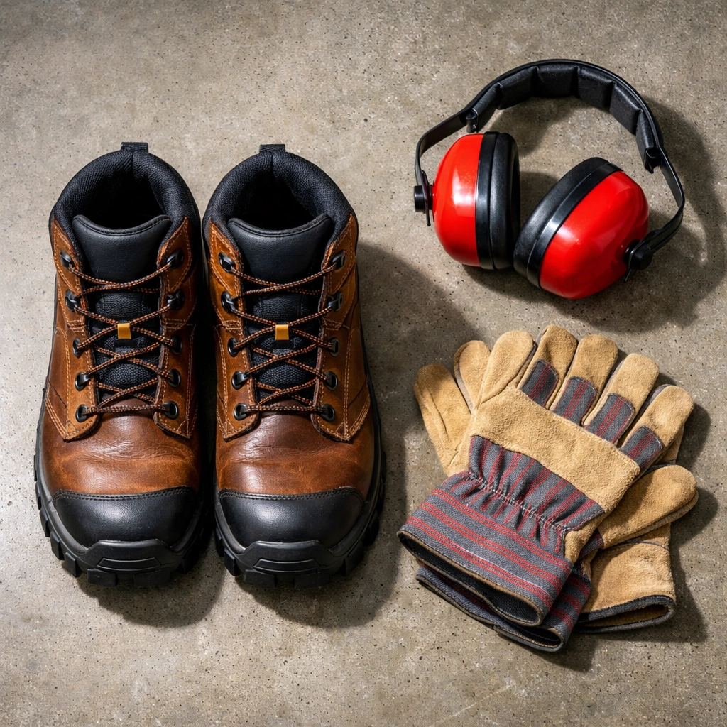 Picture showing work boots, ear defenders and gloves